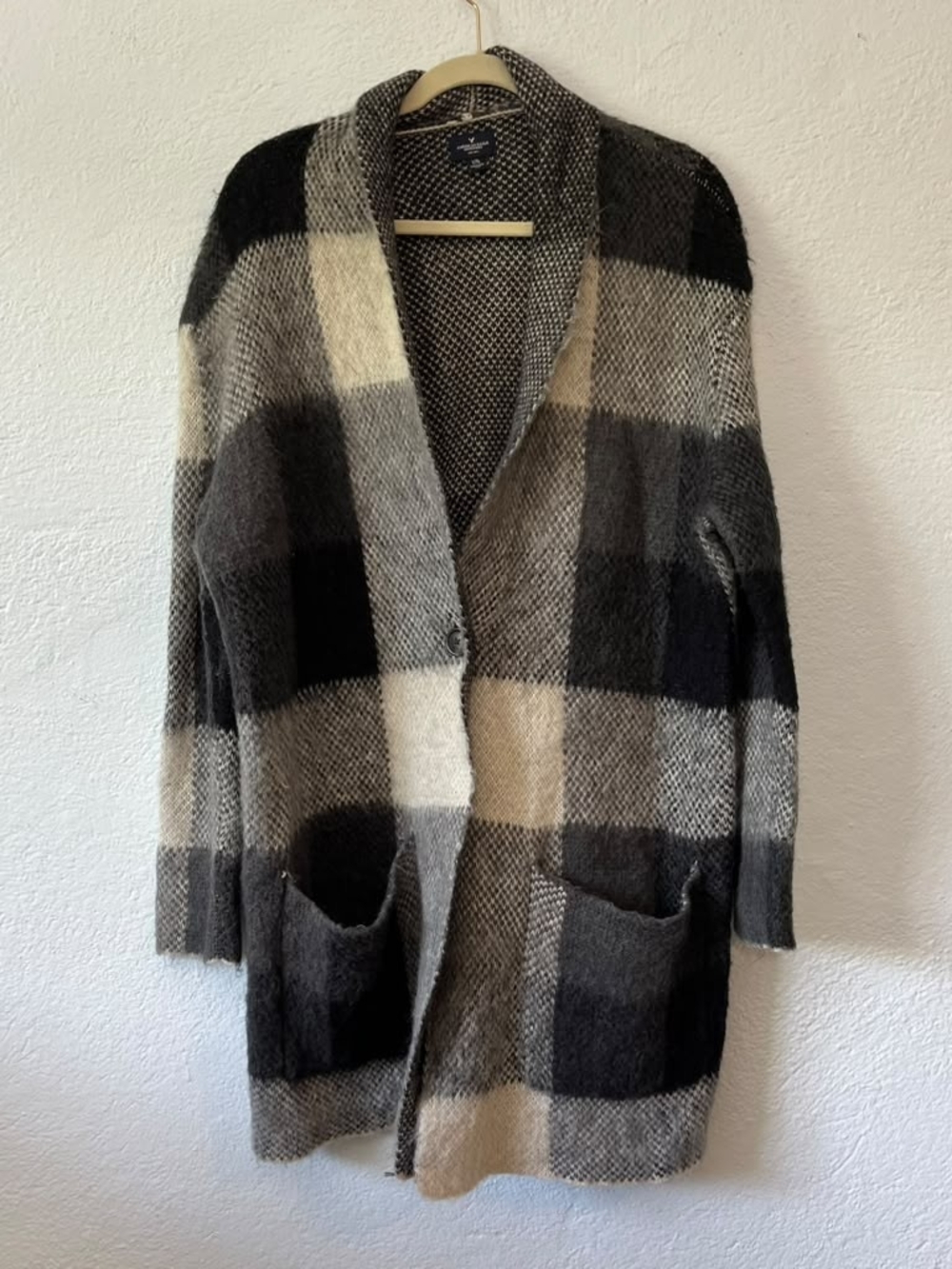 American Eagle Oversized Buffalo Plaid Sweater Coat Mohair Wool Cozy Fuzzy L/XL